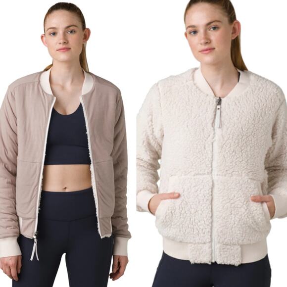 Prana Polar Escape Bomber Jacket Ivory Off White Fleece Dull Zip Women’s Size L - Picture 1 of 15